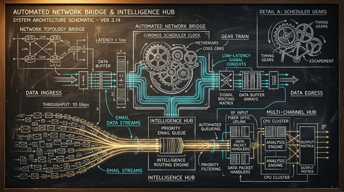 Technical pencil and ink architectural schematic on a dark chalkboard of an automated network bridge and multi-channel intelligence hub with low-latency conduits and email streams