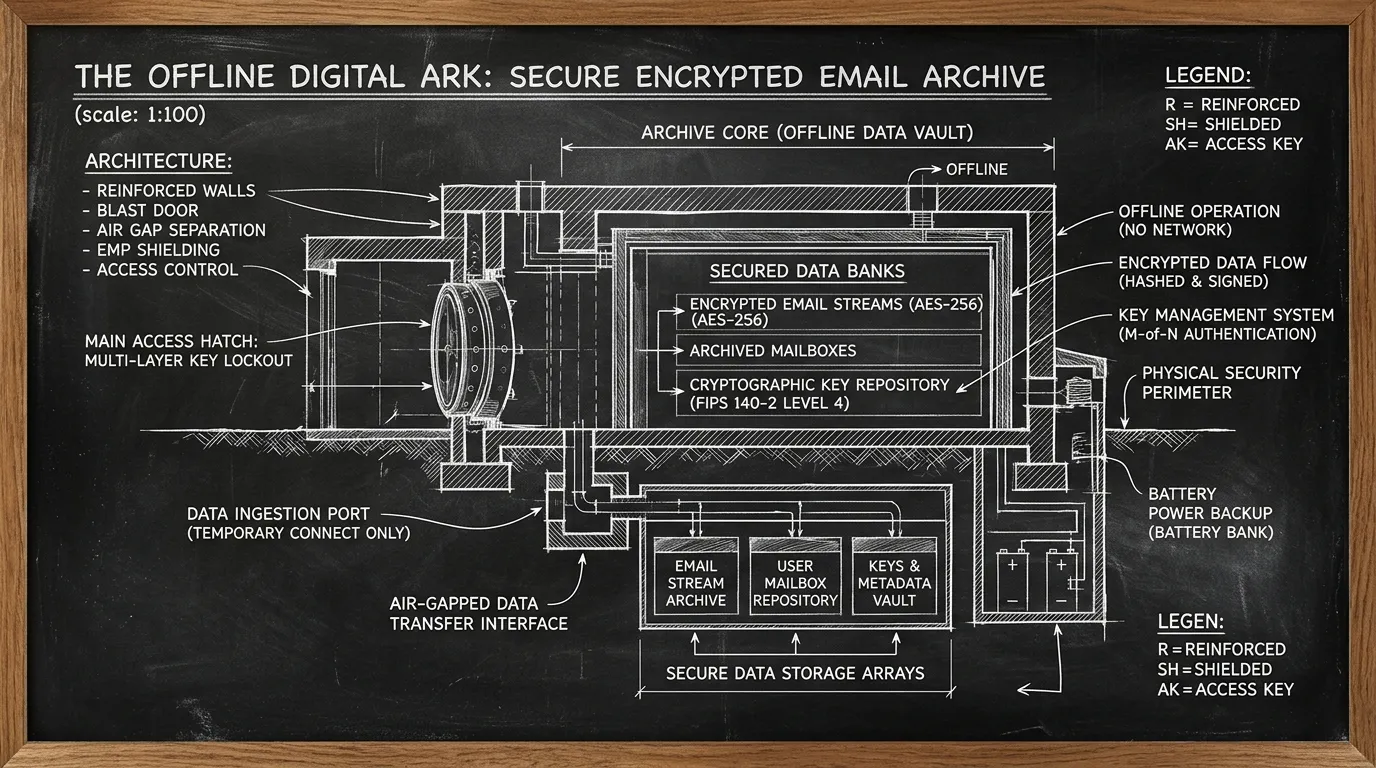 Technical pencil and ink architectural schematic on a dark chalkboard of an offline digital ark storage vault securely archiving encrypted email correspondence streams, mailboxes, and cryptographic keys