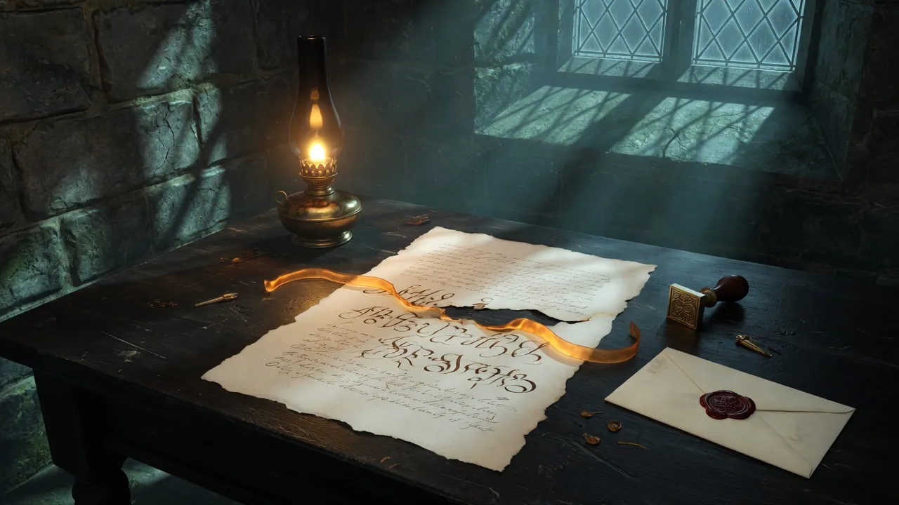 A lamp-lit desk in a stone room at night. A parchment holds a band of warm light where a missing line is returning, beside a brass stamp and a sealed envelope. Moonlight through a leaded window.
