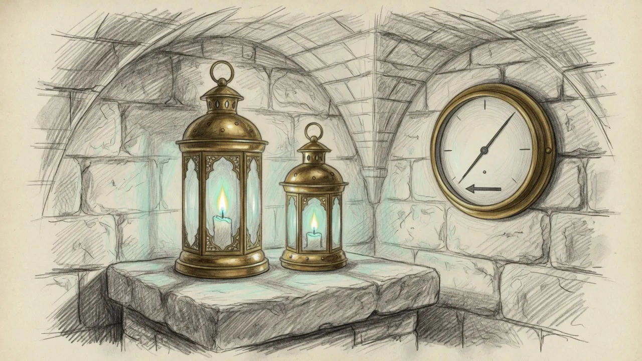 A pencil sketch of two brass lanterns burning together on a stone plinth while a pressure needle rests at calm.