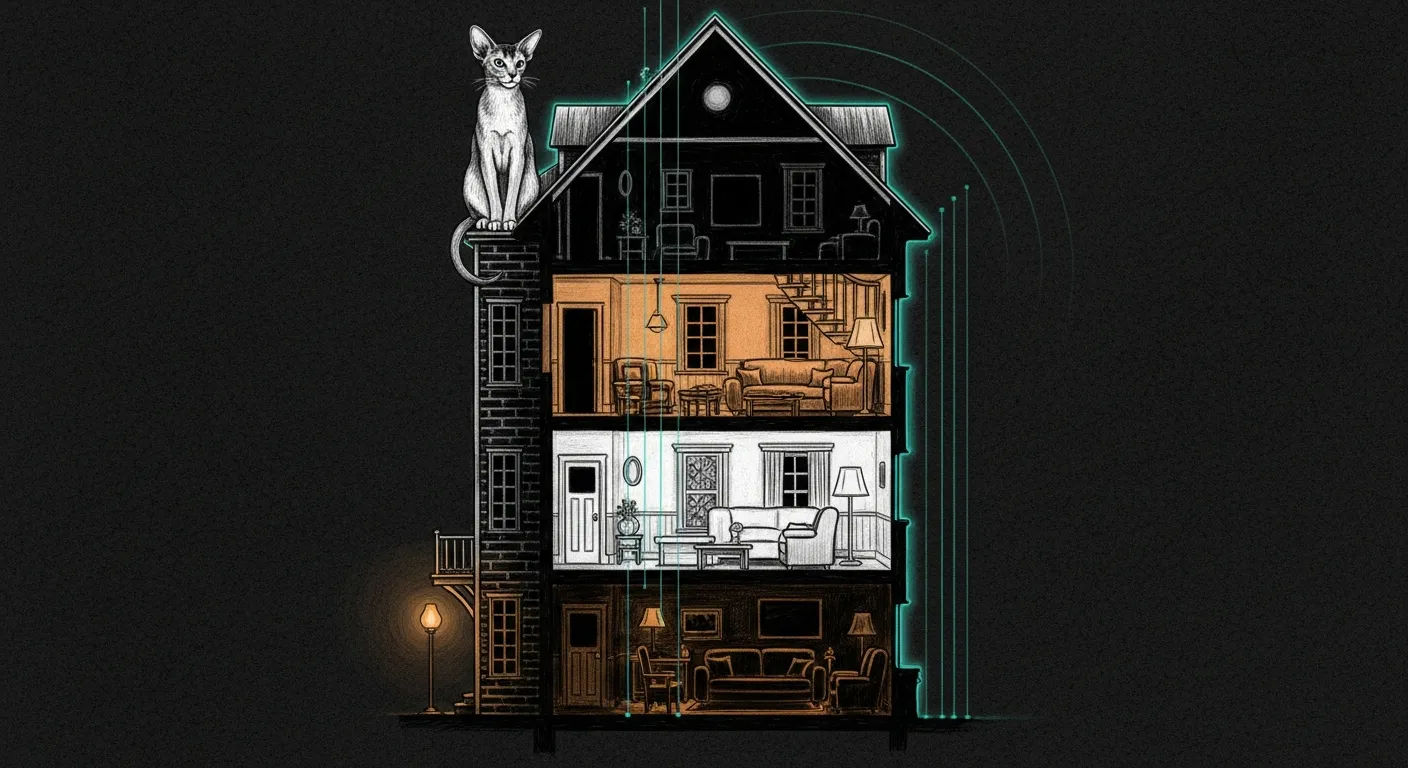 A single tall pencil-sketched cross-section of a Québec haus at four hours at once — pre-dawn dark at the bottom, morning light, evening lamplight, and night above — with faint teal signal lines threading between the floors and one amber-lit window on each, Tommy the Abyssinian sitting on the roofline watching all four hours simultaneously