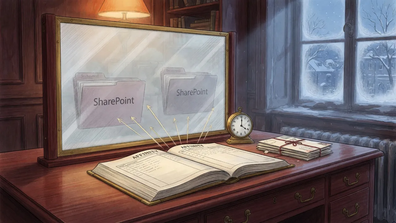 A mahogany desk, an Affinity ledger, and a one-way glass toward faint SharePoint folders.