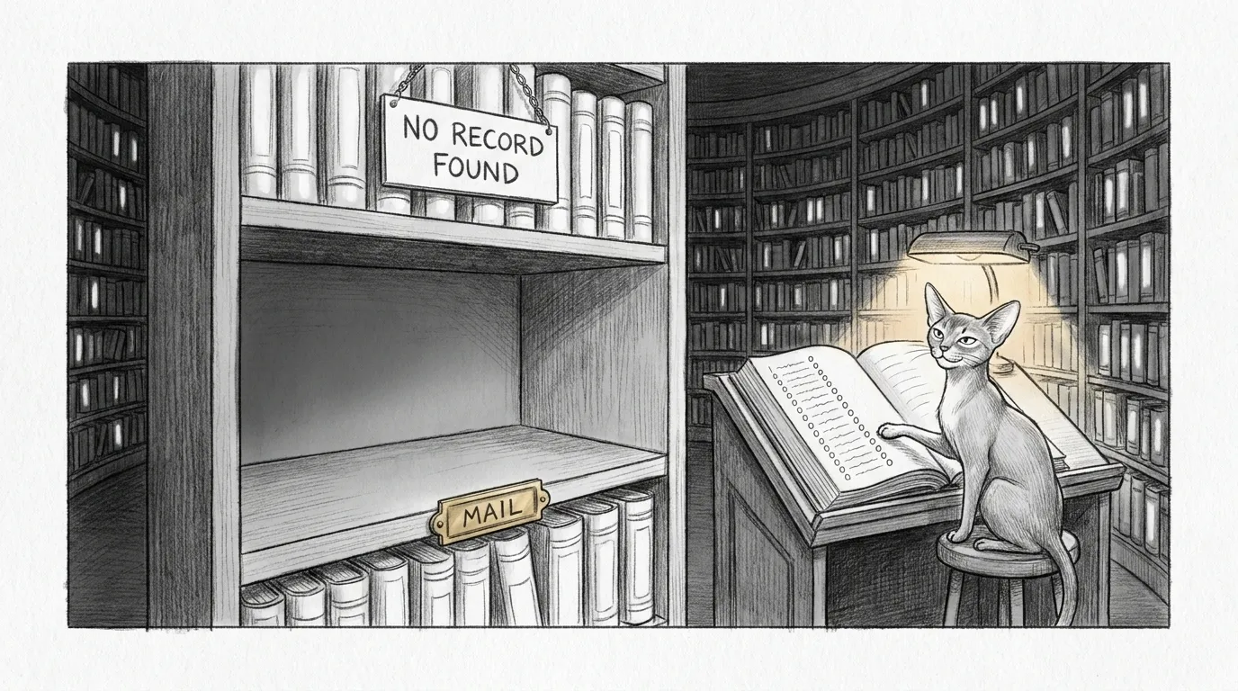 An archive that said nothing — a technical pencil sketch in the Sanctum docs house style, hand-drawn black-and-white, wide 16:9. The interior of a vast circular archive at night, shelves of data spines curving into the dark. One shelf bay stands empty behind a small brass plate reading MAIL, a hanging sign above it reading NO RECORD FOUND. On the librarian's desk beside it an open ledger shows a long column of identical zeroes. Tommy, the haus's force-ghost cat, sits on the desk facing the empty bay with one paw on the ledger, plainly unconvinced.