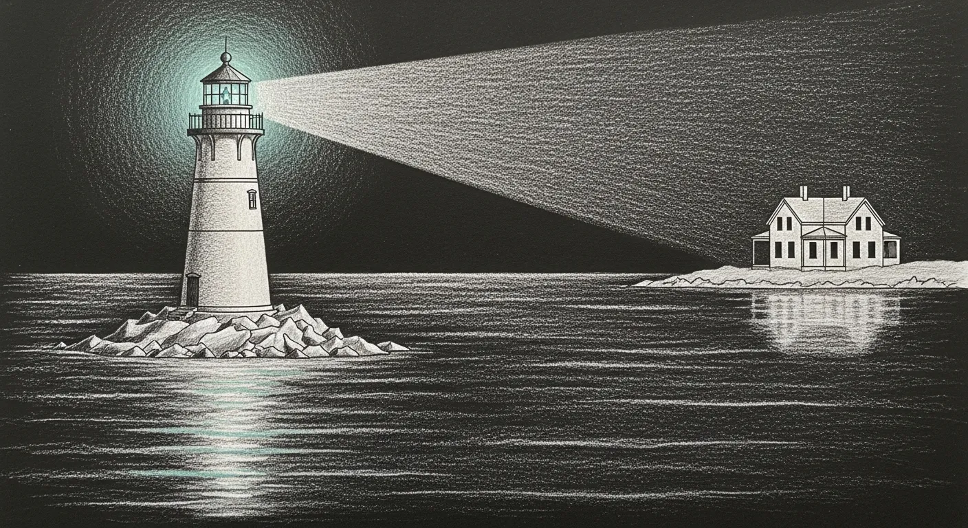 A lighthouse on an offshore rock sweeps its beam toward a darkened sleeping haus across the water, keeping watch from a place the dark cannot reach — the dead-man's-switch made visible.