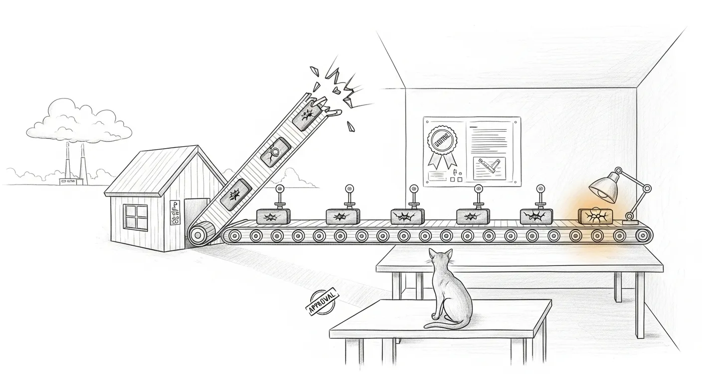 CI comes home — a technical pencil sketch of a small haus with a conveyor belt running out the front door toward a distant cloud factory, the belt snapped mid-air; inside the haus a workbench now runs the same belt in a tight loop past five inspection stations, each with a small stamped seal. An Abyssinian cat sits on the workbench watching the first item pass inspection, one amber halo on the station that just caught a cracked part.