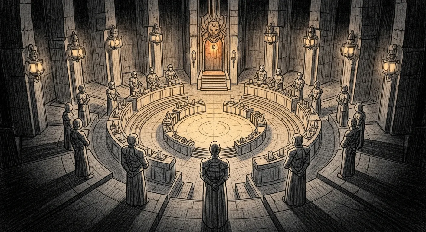Council always-alive — three concentric rings of guardian lanterns around the council chamber, each ring lit by an independent flame; if any one wavers, the next two still hold the room.