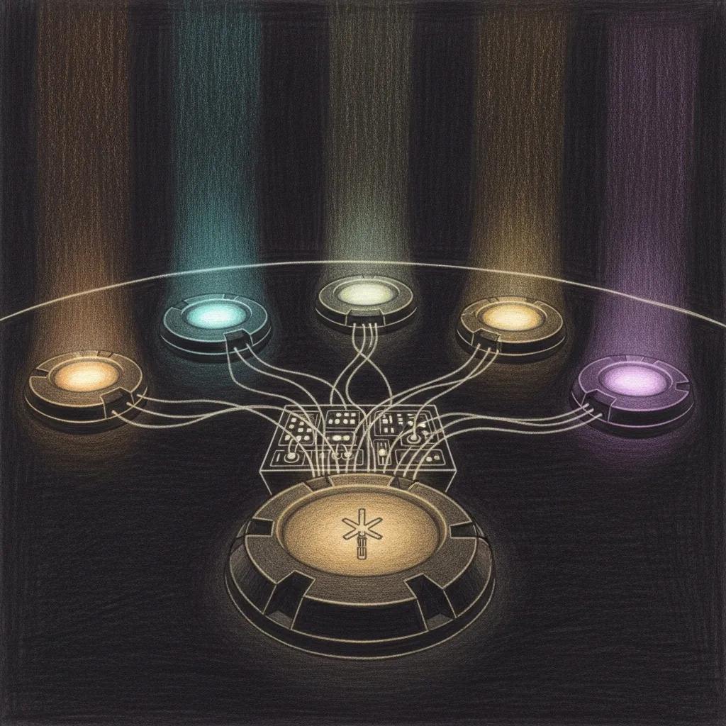 Council Router — Yoda chairing a holographic routing chamber with teal and amber pathways branching to every agent in the haus.