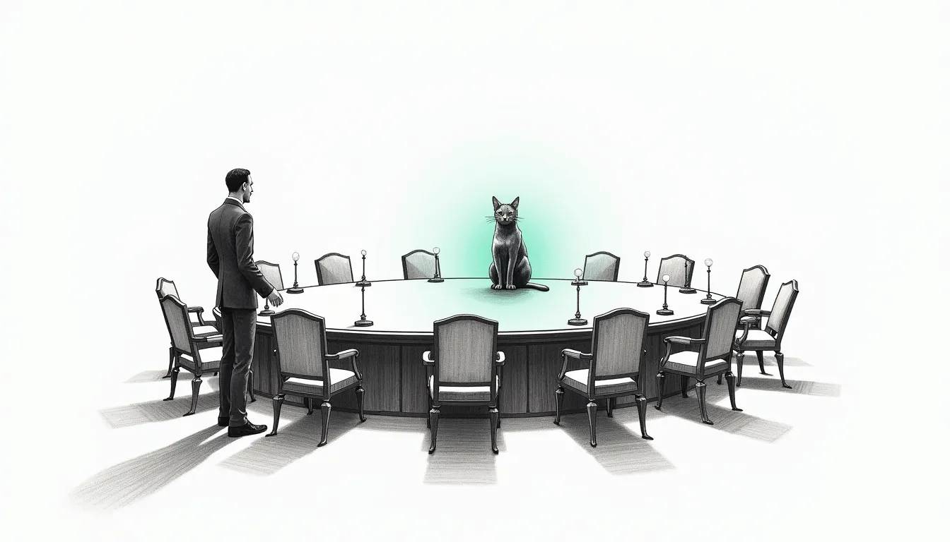 A round pencil-sketched council table where nine seats each raise a small standard and one chair sits conspicuously empty under a soft teal halo, Tommy the Abyssinian watching the gap from the corner