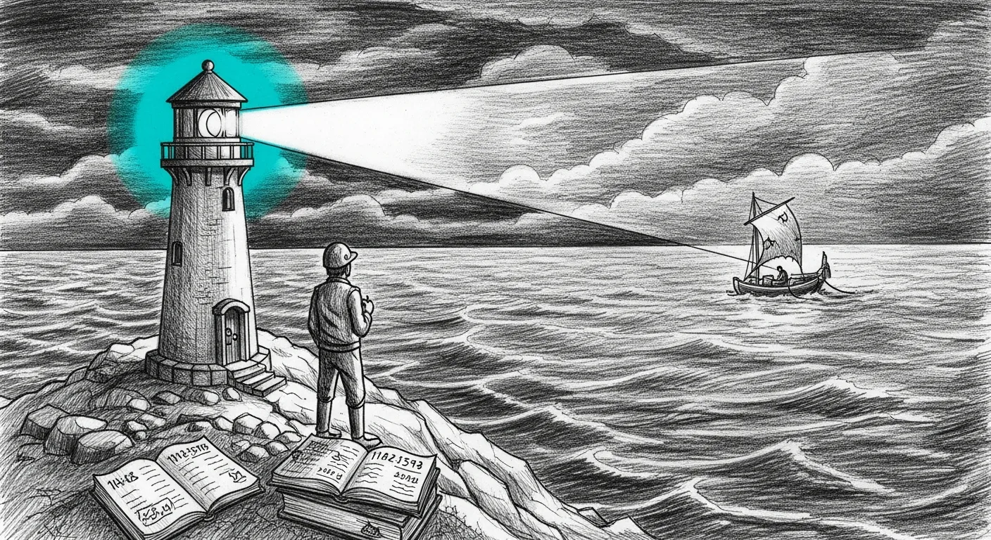 Drift sentinel — a solitary lighthouse sweeping the horizon at five-minute intervals; a single beam catches a small raft drifting off the chart, a stack of timestamped logbooks at the keeper's feet.