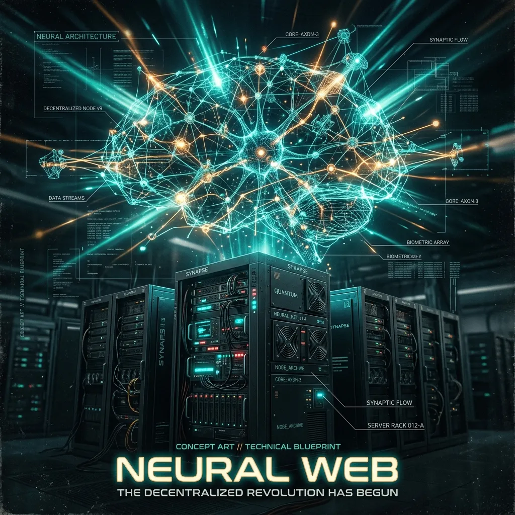 A glowing, decentralized neural web floating above a server rack — the swarm's shared mind rendered as teal and amber light, cinematic sci-fi concept art.