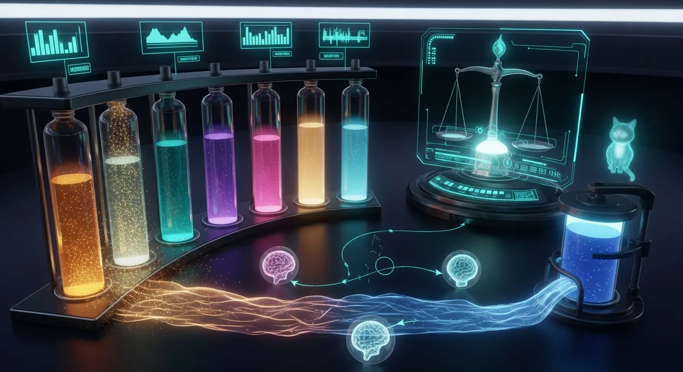 A holographic apothecary of glowing hormone vials feeding a self-balancing homeostat, with cortisol clamped under a lid so it cannot dose the council into daydreaming mid-incident