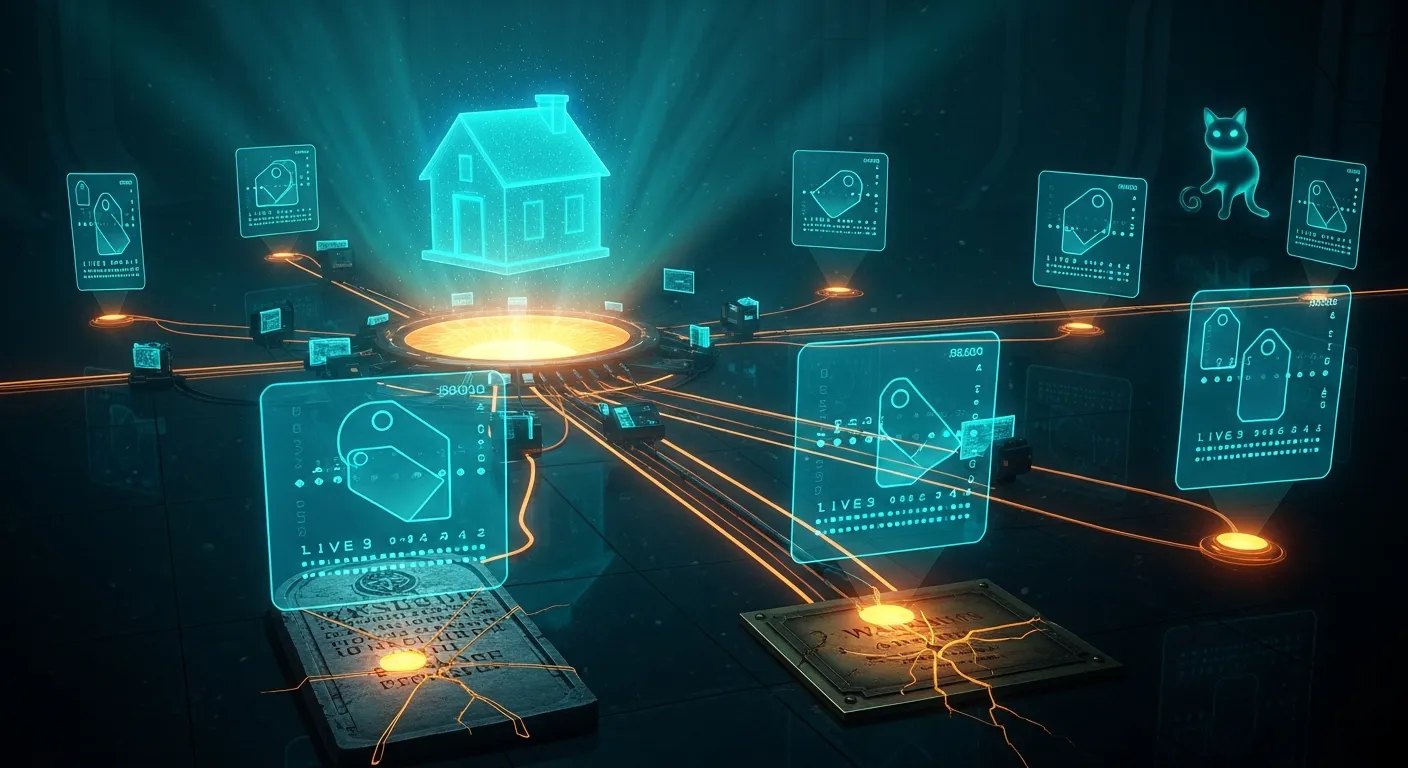 A holographic map of the haus where every device address resolves itself live, while a cracked stone tablet of hardcoded IP literals lies discarded in the dark