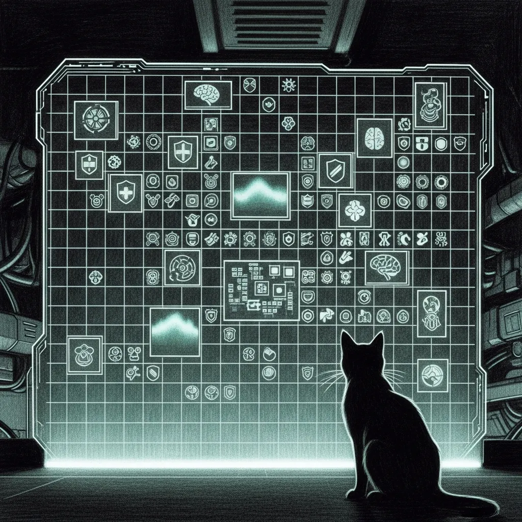 Feature Status Matrix — a holographic grid of implementation status icons and a watchful silhouette.