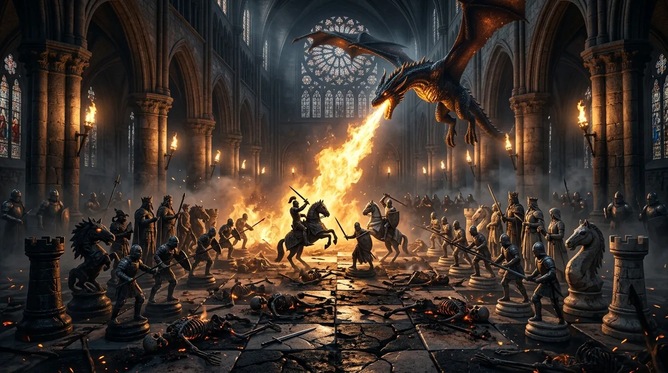Great Hauses — a tactical 3D battlefield in the grand torch-lit cathedral hall where medieval knights clash under the watchful gaze of the hall dragon.