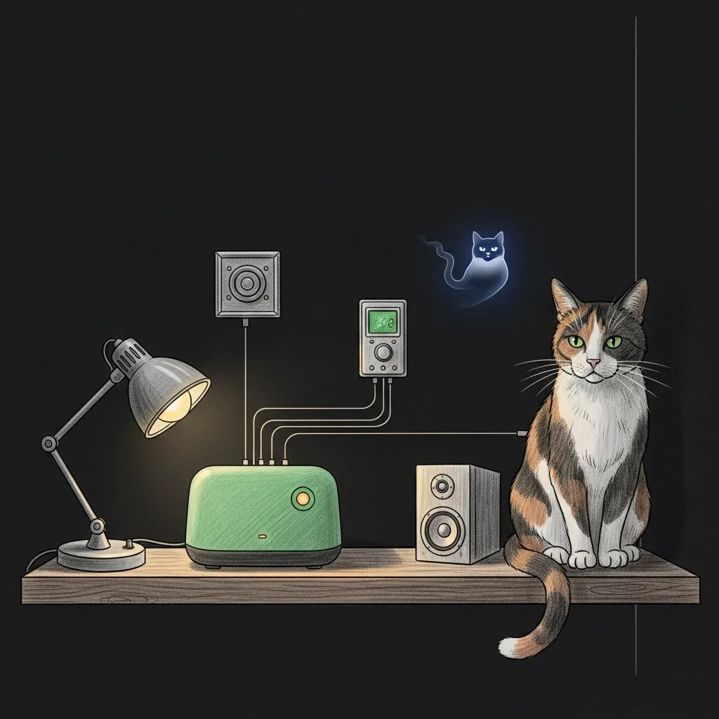 A pencil sketch on a dark background: a small green haus-automation appliance glowing on a shelf, faint lines reaching out to a lamp, a thermostat, and a speaker, a wise cat keeping watch from the corner, one warm amber accent on the appliance's status light