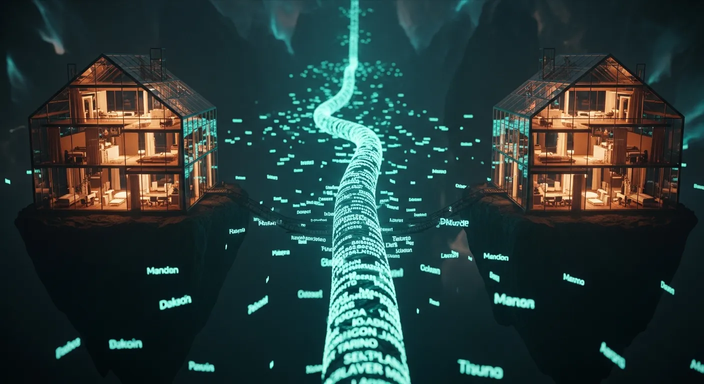 Two identical glass houses on separate islands, linked by a single teal nerve of light that carries names not cables