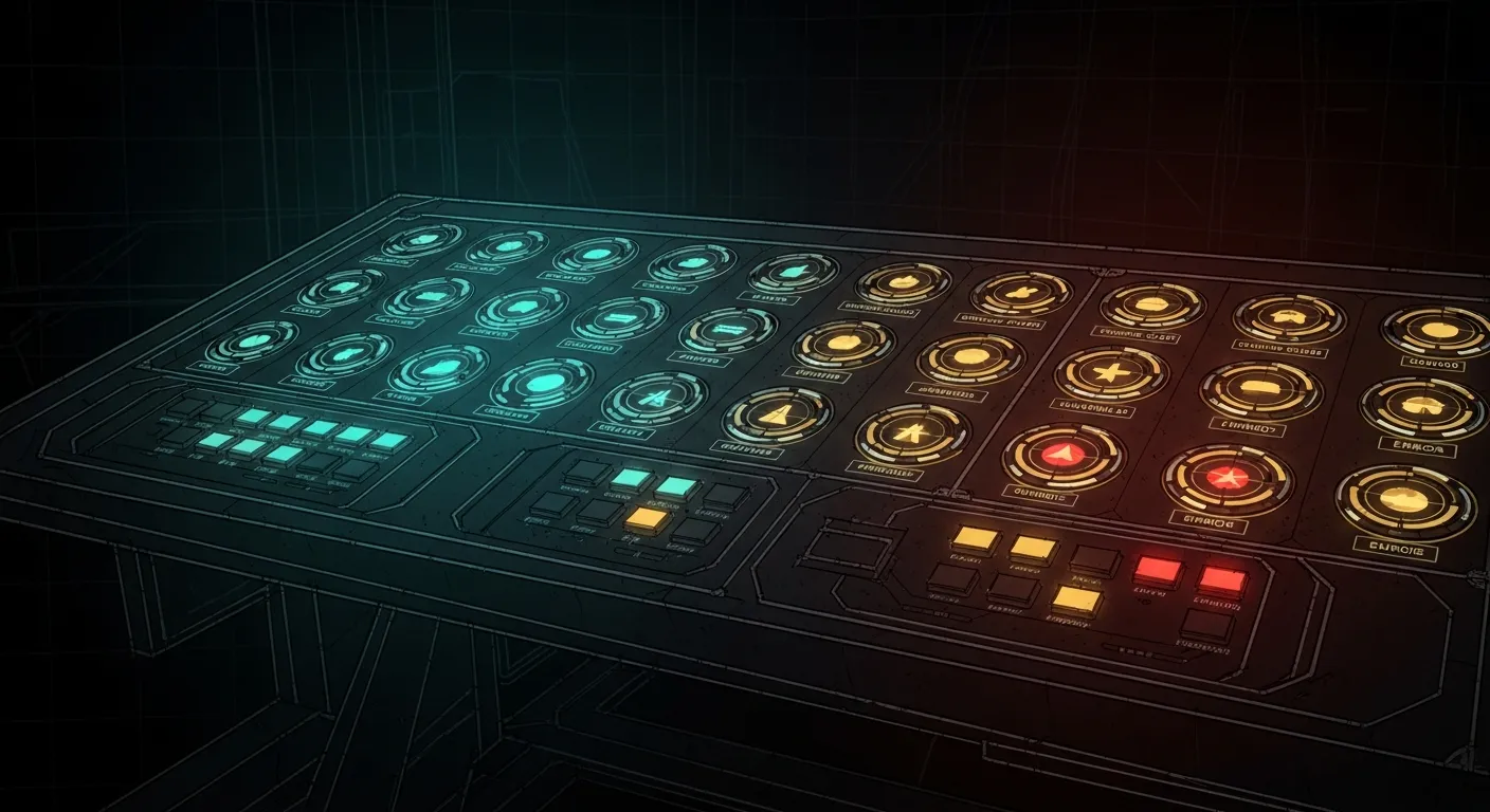 LaunchAgents Audit — a launchpad control panel with 58 labeled status indicators, some teal (running clean), some amber (scheduled), a few flickering red (error).