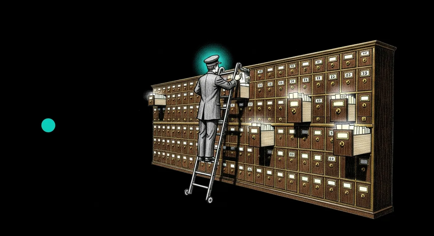LaunchAgent catalog — a brass-and-mahogany card-catalog cabinet with every drawer slightly ajar; a clerk on a rolling ladder pulling one open to reveal a glowing slip of light inside.