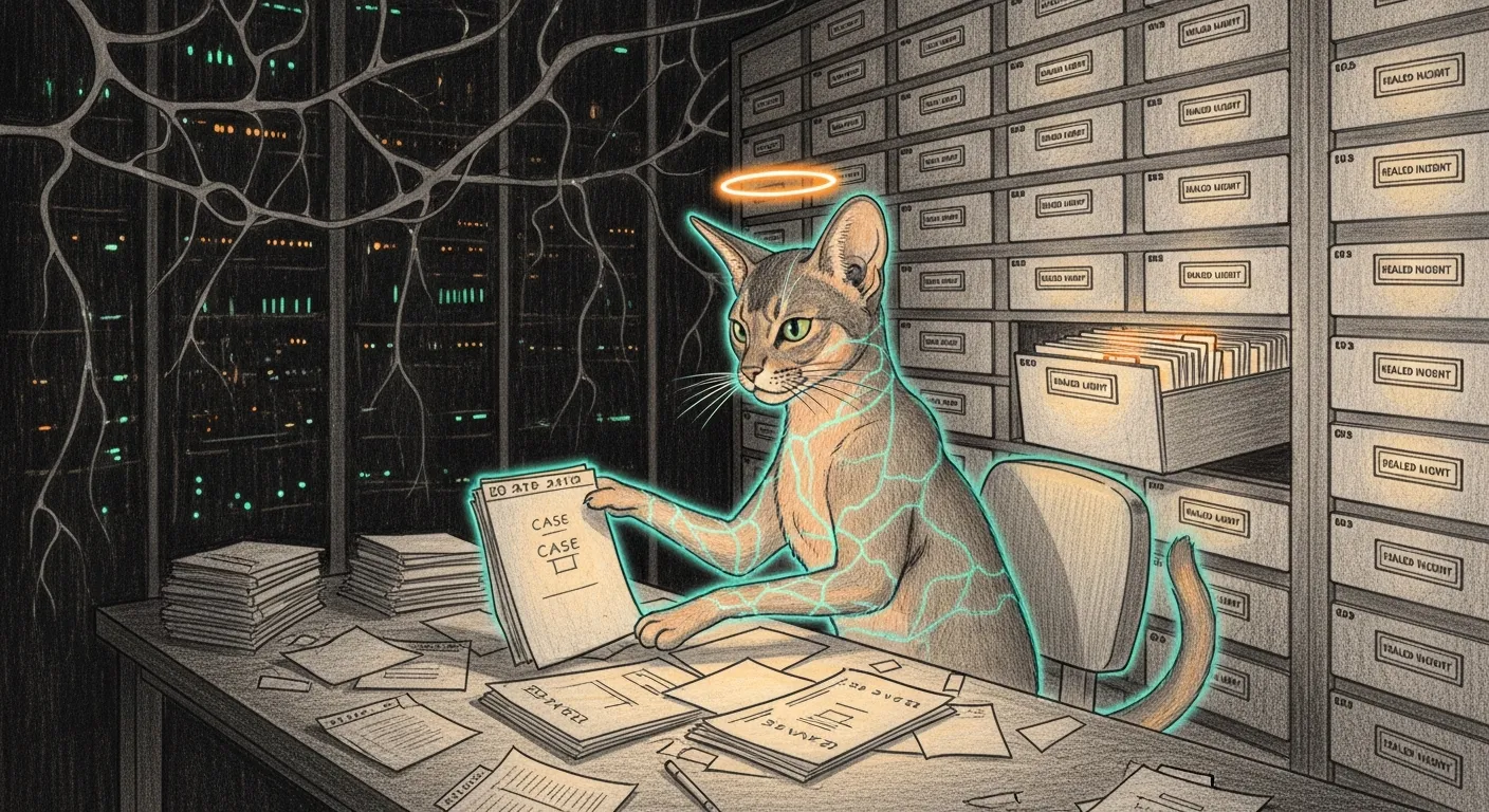 A ghostly Abyssinian cat at a long archive table in a server room of bioluminescent veins, filing dated case folders into a wall of glowing drawers, each drawer a healed incident.