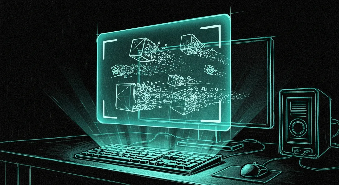 Wireframe blocks dissolving into a holographic video frame above a dark workstation