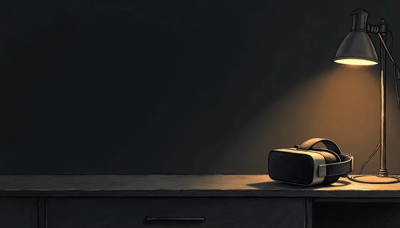 A pencil-sketched VR headset resting beside a small hand mirror on a night table; the mirror's reflection shows the same softly glowing bedtime clock face as the headset's display, one warm accent halo around the mirror