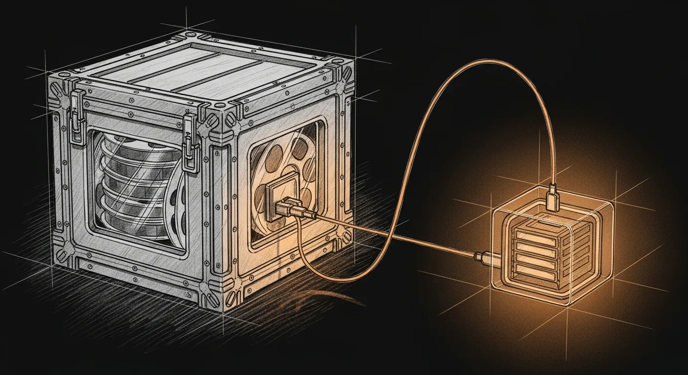 A cold film-reel crate linked by an amber cable to a warm internal vault — hot weights stay home, cold packs travel