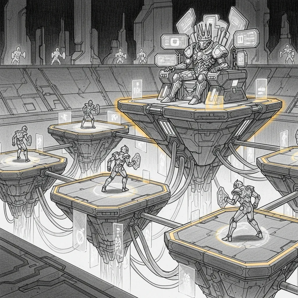 Model Tournament — AI gladiators competing on floating platforms for the right to serve the Council.