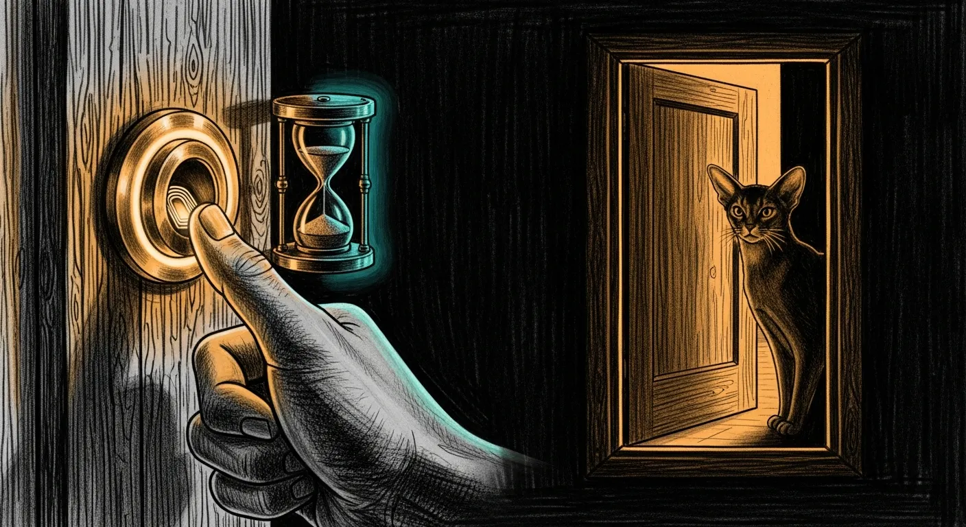 A thumb pressing a small brass fingerprint reader on a door frame, its ring glowing amber, beside a tiny sand-timer running down in teal — and past them an inner door ajar with Tommy the Abyssinian watching from the warm light inside