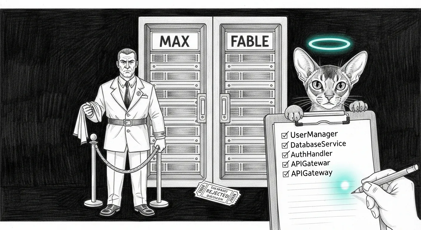 Velvet rope and clipboard at the Max/Fable host-tools doors — PascalCase tools pass, foreign harness tickets stay out