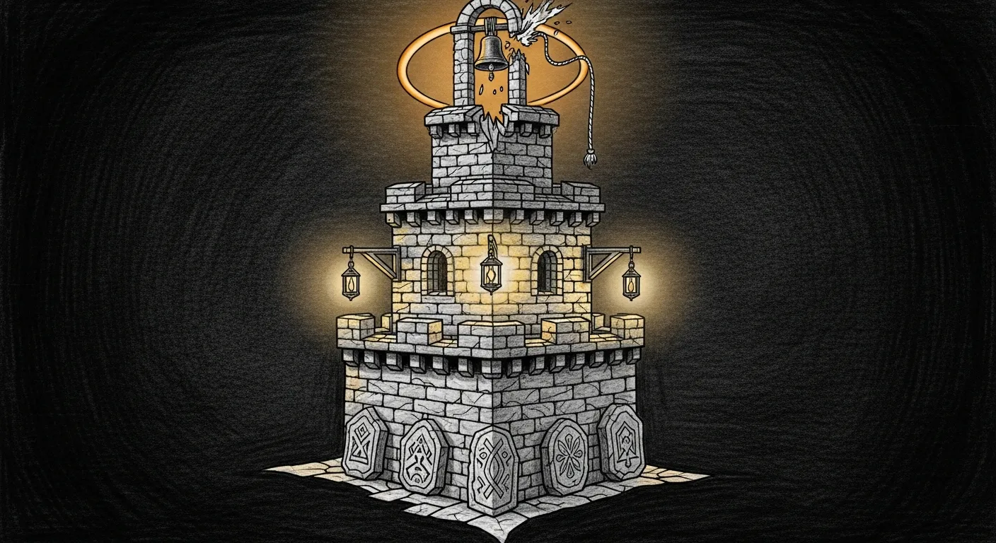 Reliability Doctrine — a four-tiered fortress, five engraved foundation stones, three lit parapet lanterns, and a bell tower whose rope was deliberately cut so silence couldn't be mistaken for peace.