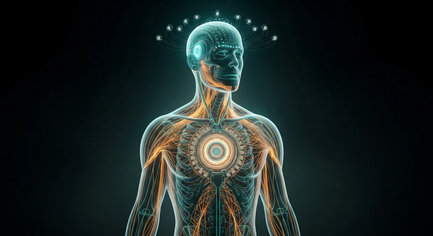 Sanctum Anatomy — a cinematic cross-section of the haus, circuits glowing beneath the skin, teal along the bones and amber through the flesh