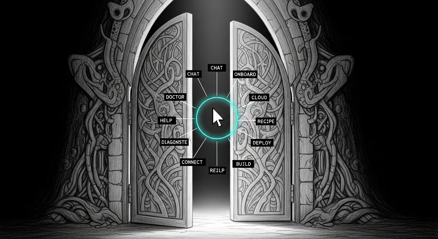 Pencil sketch of a single terminal cursor blinking inside an open sanctum gate, twelve small command spokes arrayed around it, one teal halo at the cursor, against a dark void