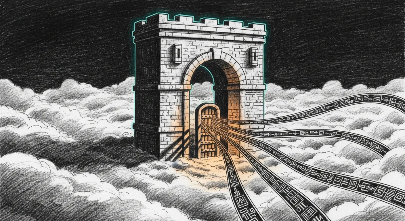 Sanctum Cloud Proxy — a glowing secure gateway vault with five reinforced energy barriers shielding a data stream on its way to the cloud.