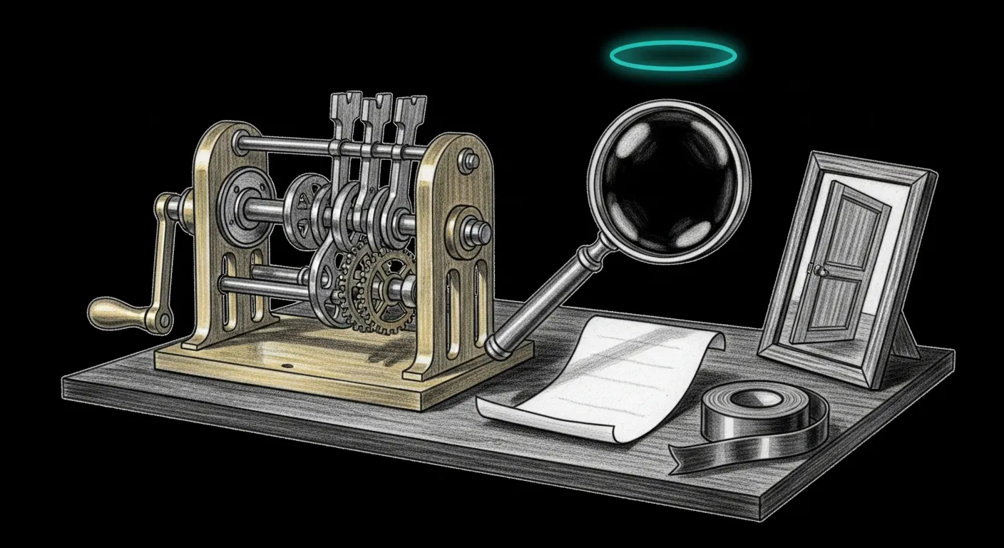 Sanctum Gateway runbook — an operator's workbench laid out like a clockmaker's table: a brass key-rotation rig, a magnifier hovering over a debug receipt, a coil of backup tape, and a tiny cartoon of a door that refuses to close.