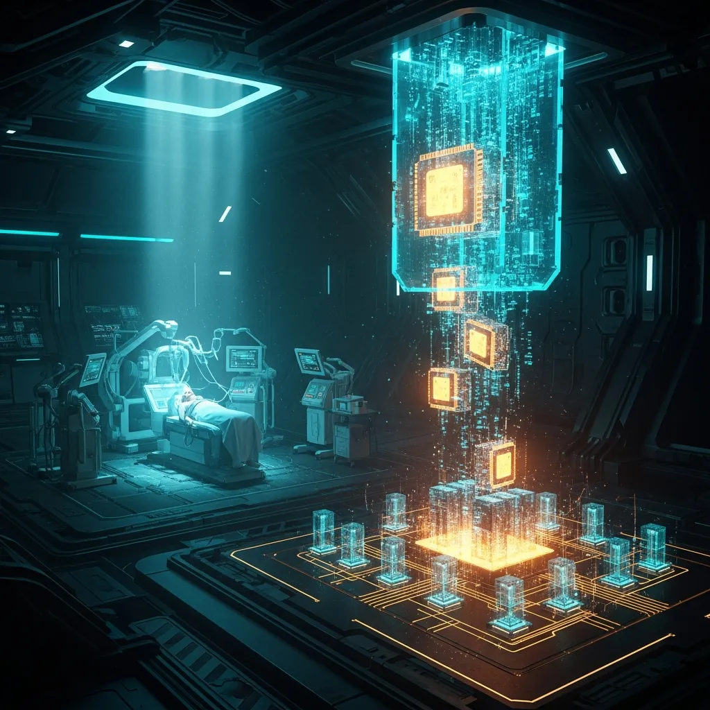 Sanctum Triage — A futuristic medical bay in a dark command center monitoring glowing memory cores, gracefully unloading heavy digital blocks.