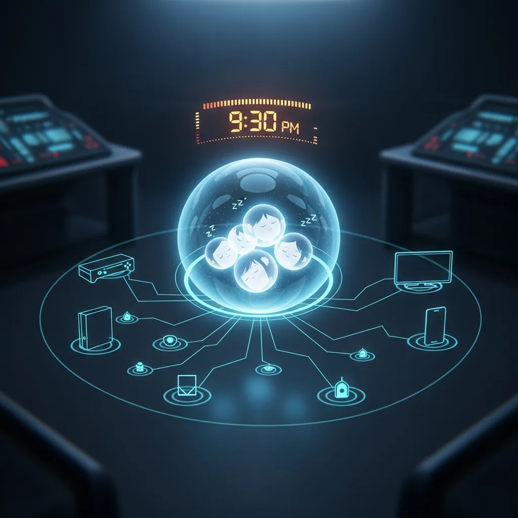 Screen Time — a holographic parental control dashboard with glowing shield protecting sleeping orbs, network lines connecting to gaming consoles and TVs with teal status indicators
