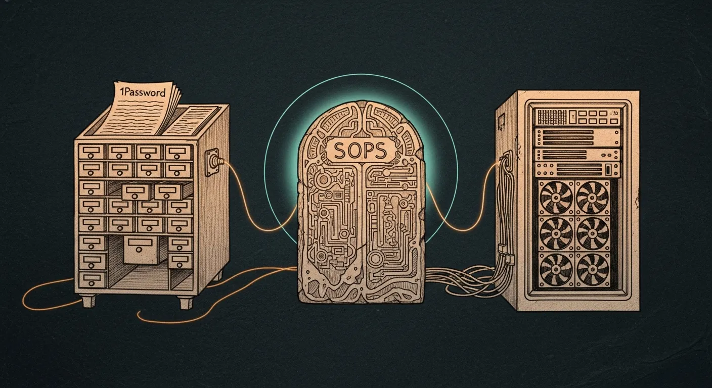 A pencil sketch of three nested archive vaults: one paper card catalog (1Password), one engraved stone tablet (SOPS), one humming server rack (Mini Keychain). A single amber thread weaves them together.