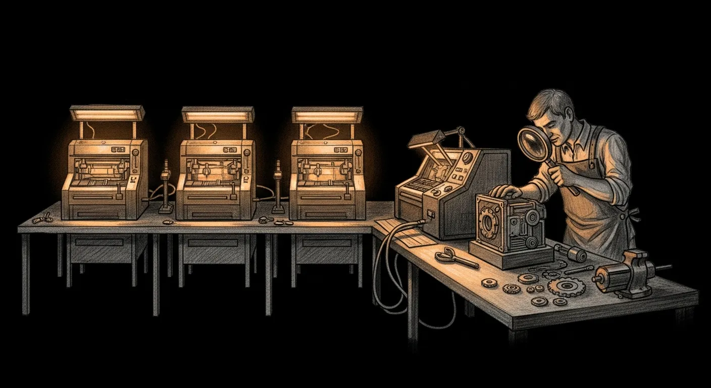 Service troubleshooting — a repair workshop with five mechanical service machines lined up; three glow amber, two are disassembled on the bench while a mechanic in a leather apron mid-diagnoses one with a magnifier.