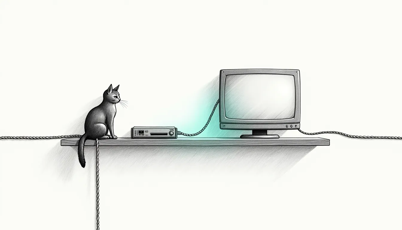 A console and a television, each trailing two cables that braid into one