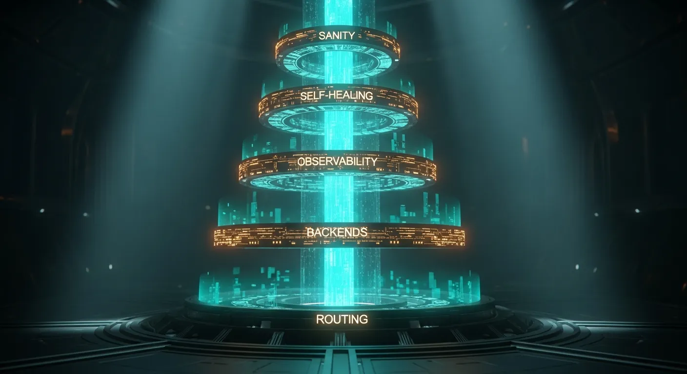 Smart Router Cathedral — a holographic five-tier Jedi cathedral rising from a dark command floor, each tier a glowing ring of circuitry labeled by function, a central pillar of teal light connecting them.