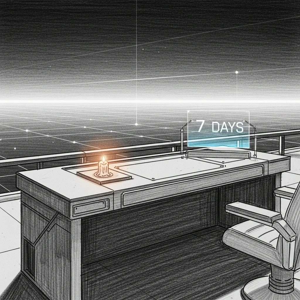 Stability Window — a focused candle and a 7-day timer overlooking a calm digital horizon.