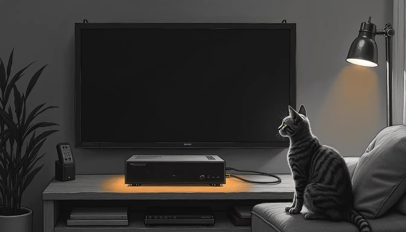 The block that killed the hub — a hand-drawn graphite sketch, wide 16:9, dark background. A small set-top box sits dark on a shelf while the lamps, door locks and thermostat around it fade into blank paper. One amber halo glows at the box's edge. Tommy, the haus's force-ghost cat, watches from the sofa arm.