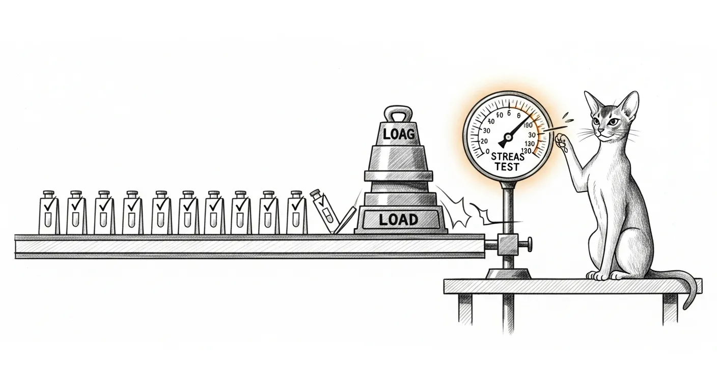 Calm test cards on one end of the beam, a stack of LOAD weights on the other, and Tommy watching the stress gauge spike.