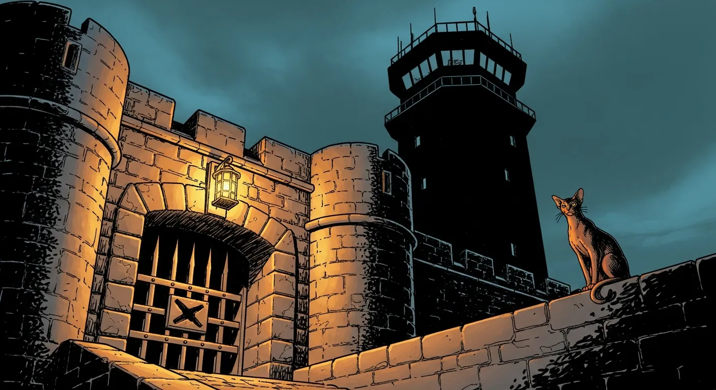 A pencil-sketch of a heavy stone gatehouse at night, its portcullis lowered and holding, while far overhead the control tower it once answered to sits dark and abandoned. One amber lamp still burns on the gate itself, powered by nothing but itself. Tommy the cat watches from the wall, unbothered.