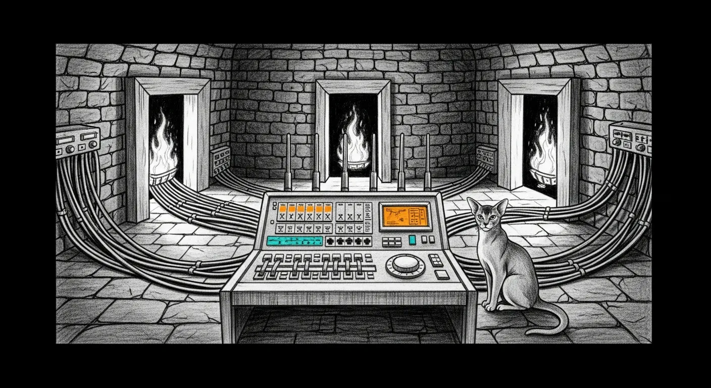 The proxy was never the problem — a hand-drawn graphite sketch in the Sanctum docs house style, wide 16:9 on a dark background. A calm switchboard console (the router) sits intact at center in a stone cellar, cables fanning back to a row of heavy doorways; three distant doorways glow with small fires while the console stays quiet. An Abyssinian cat rests on the console facing the fires, a single amber halo on the router's main dial.
