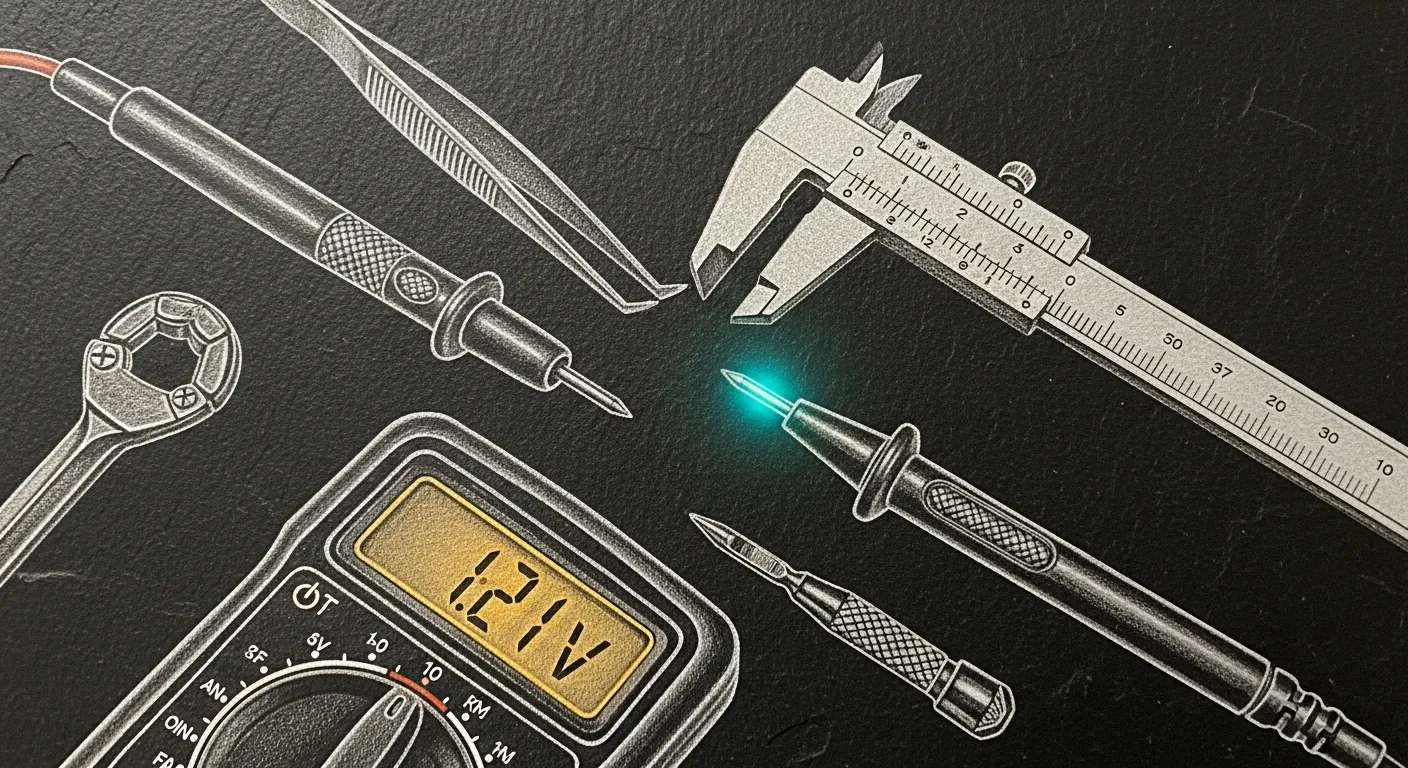 Operations tooling — a workbench arrayed with small precision tools: tweezers, calipers, a torque wrench, a glowing teal multimeter probe.