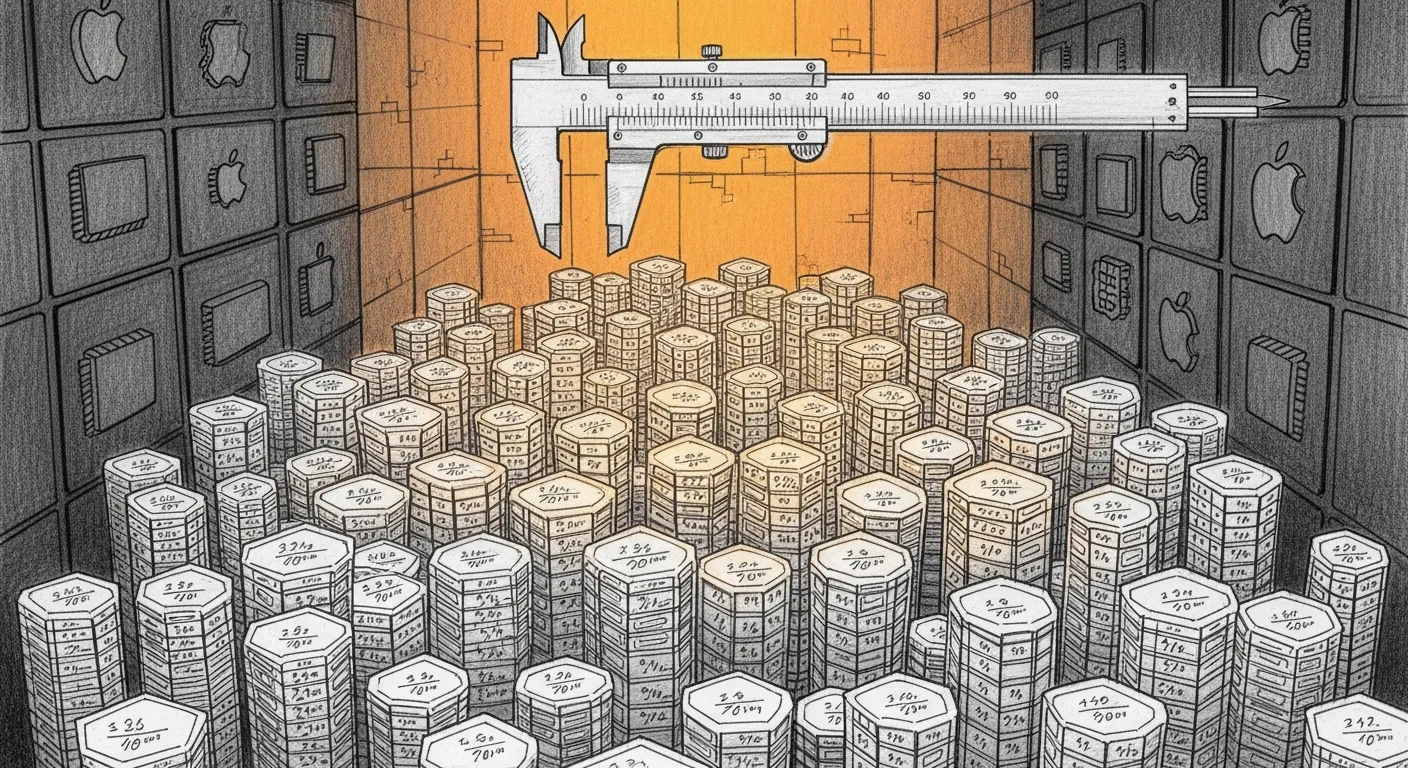 TurboQuant KV compression — a cathedral memory vault where token-cards collapse into hexagonal cells, each labeled with a fractional inscription, Apple-Silicon silhouettes embossed on the back wall.