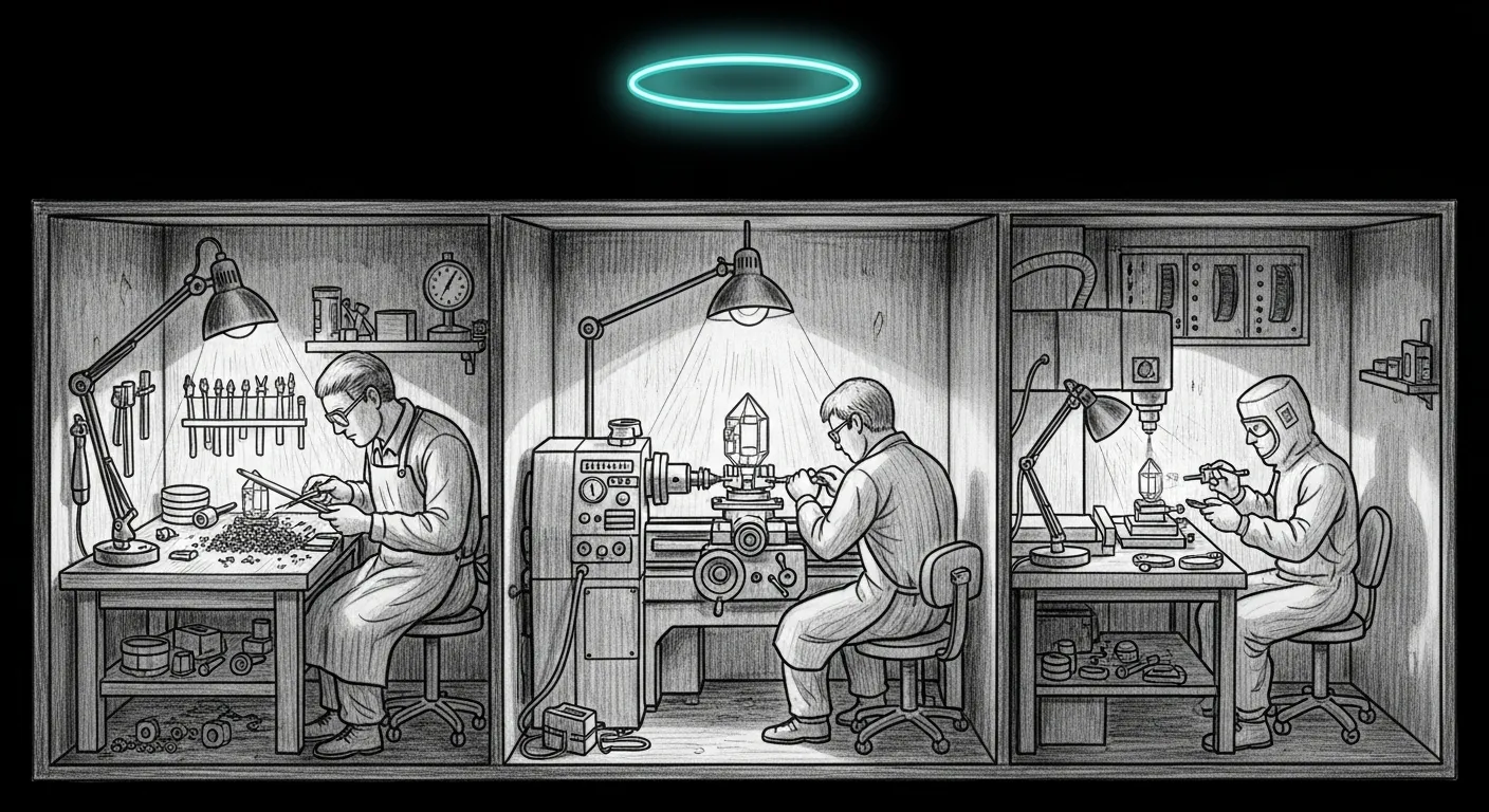 TurboQuant Slice 4 — three machinists under one lamp working the same crystalline component: a hand-file, then a precision lathe, then a particle-beam etcher, escalating from MLX ops to a custom Metal kernel.
