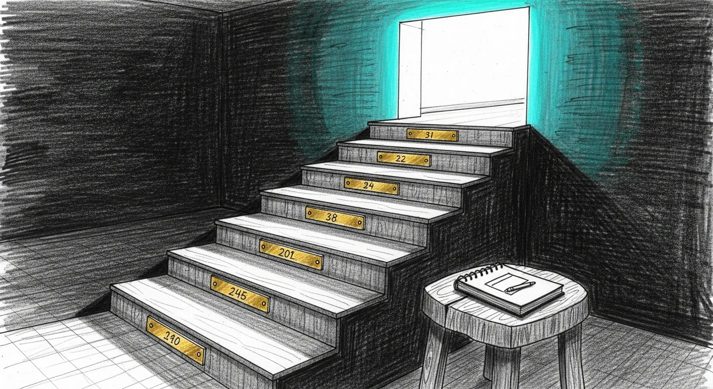 Upgrade Path — a staircase climbing out of a darkened cellar into a lit hall, each step a small brass plate; a scientist's notepad firmly closed on a side table because this is not a research project today.