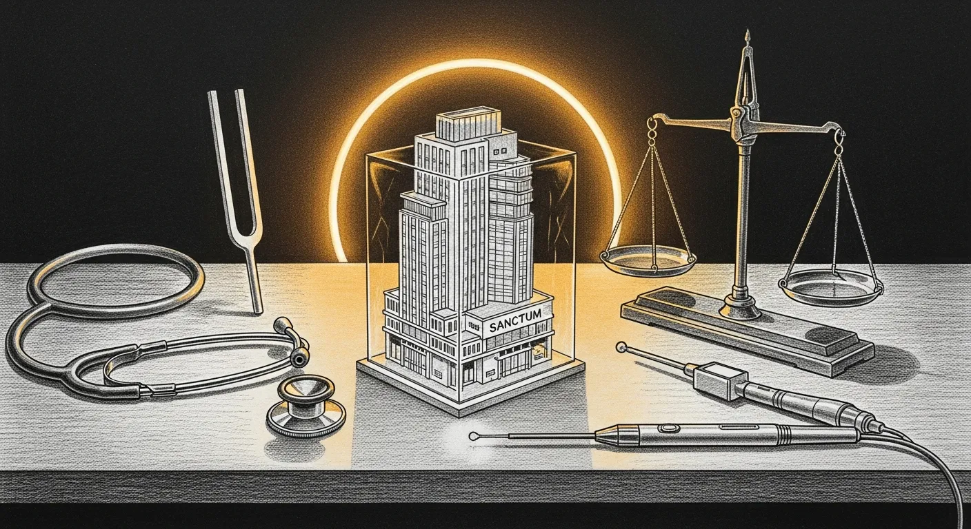 Verify — an inspector's bench laid out with a stethoscope, tuning fork, balance scale, and probe, all aimed at a small glass model of the Sanctum building; vibes are not permitted in the building.